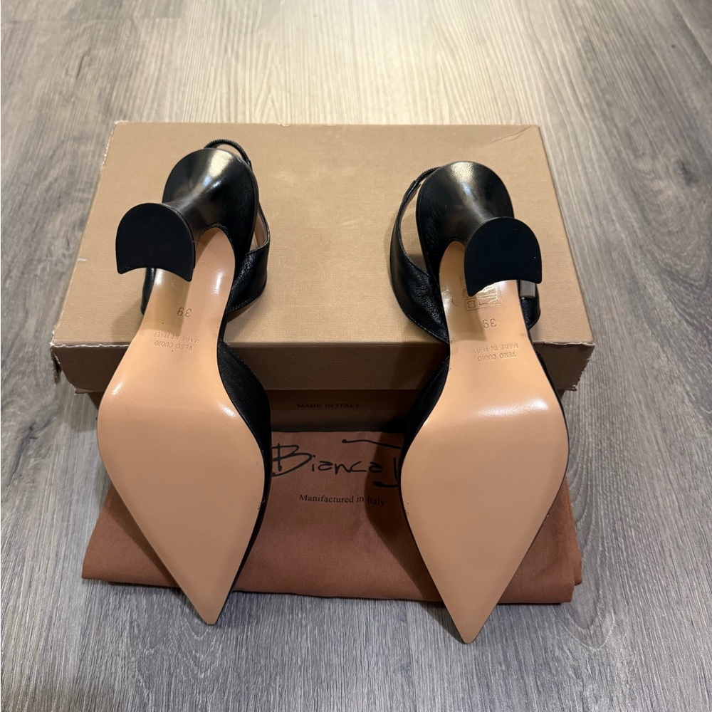 Black Leather Bianca Di Slingback High Heel Pumps Size 39 MADE IN ITALY BNIB - Picture 6 of 7